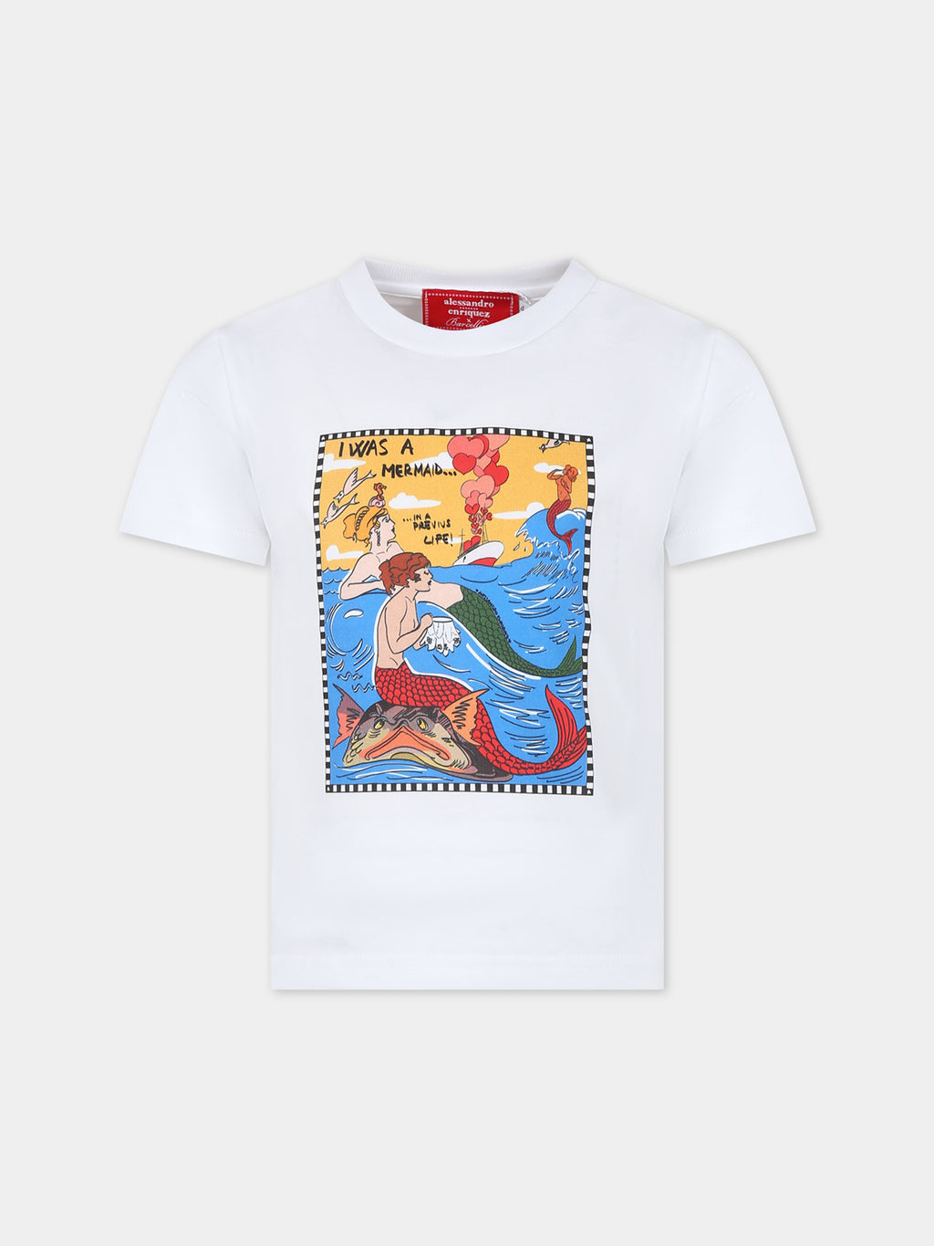 White t-shirt for girl with mermaid print and writing